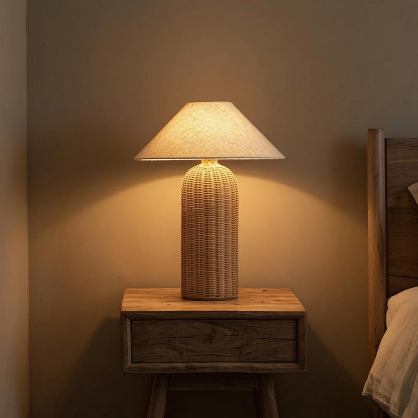 Decor Lighting Lamps - ベッドサイドランプ ラタンベース ファブリックシェード ナイトテーブルランプ 寝室 リビングルーム用装飾照明