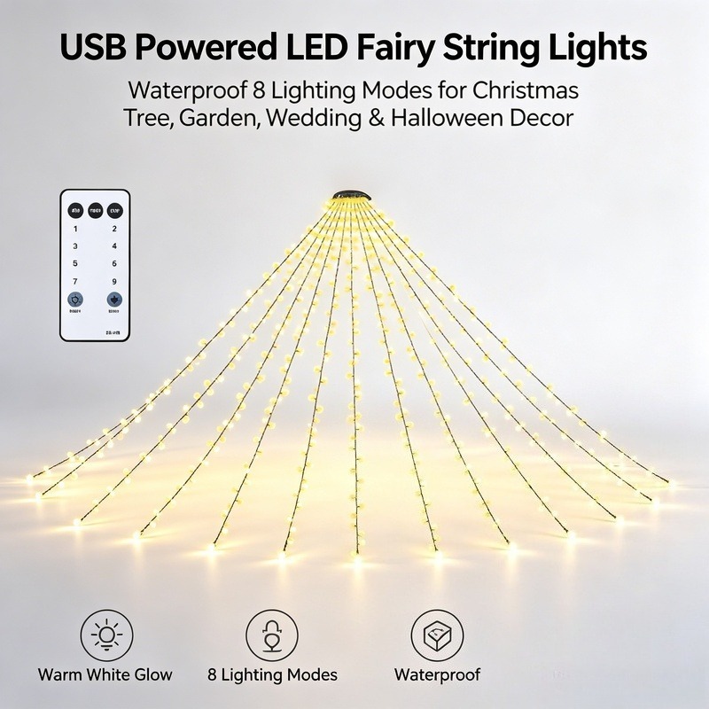 Lighting Christmas Decor - USB LED フェアリーストリングライト、防水クリスマスツリーライト、8つの照明モード付き、庭や結婚式の装飾に最適