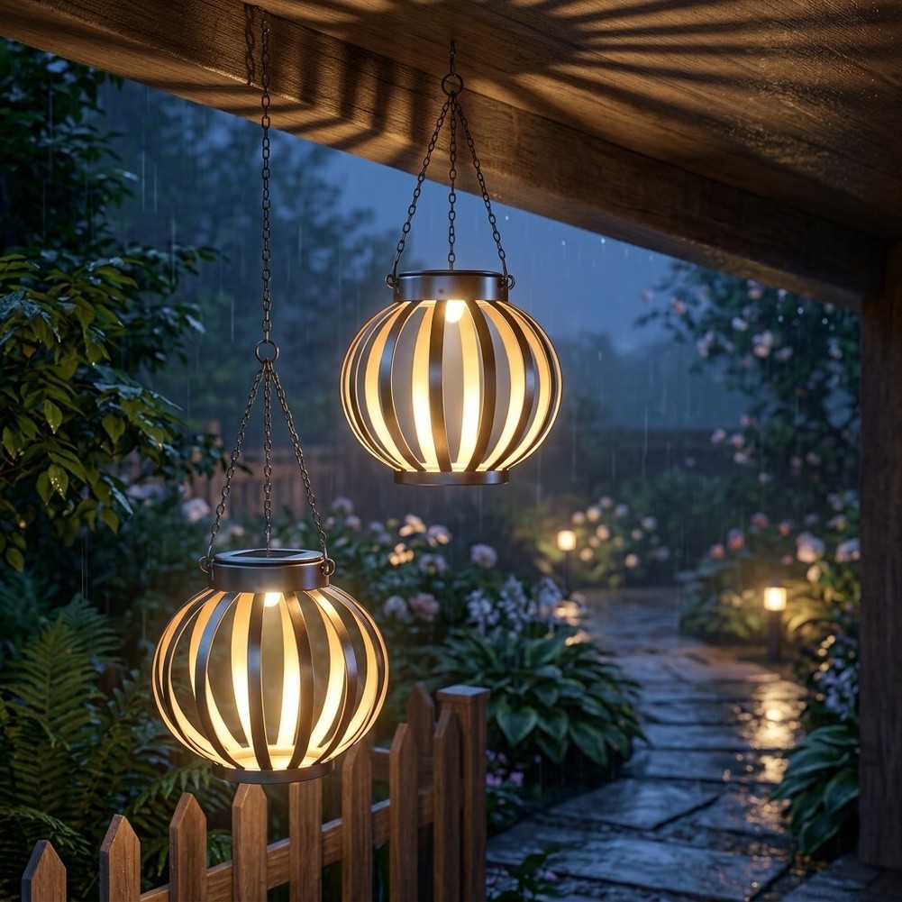 Lantern Paper Solar - 庭園照明用吊り下げ式ソーラーランタン - ヴィンテージスタイルの鉄製ストライププロジェクション、日中に充電し夜に点灯