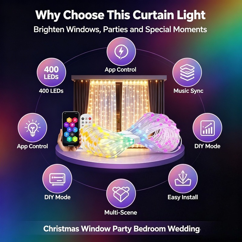 USB電源式アプリ制御LEDカーテンライト、クリスマス、窓、 - Lighting Christmas Decor のレビューと価格